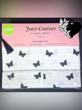 Juicy Couture 4-pc DP Twin Sheet Set White Pink Logos Black Butterflies NEW NIP